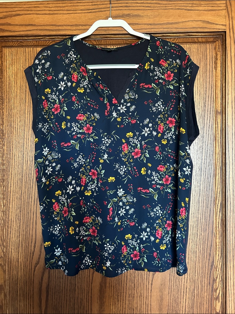 Floral V-Neck Sleeveless Blouse - Navy with Pink & Yellow Flowers